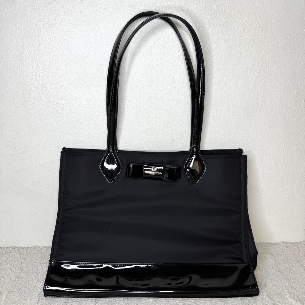 Karl Lagerfeld Penny Bow Tote Black Top Handle Purse Preppy Twee Careerwear READ
